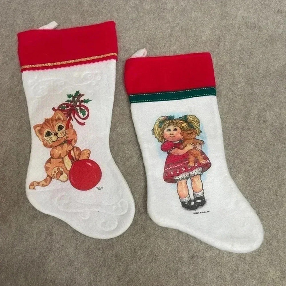 Vintage Felt Christmas Stockings 1997 Rauch Playing Kitten & 1984 Cabbage Patch - Picture 3 of 16